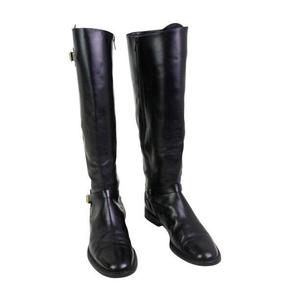 Cole Haan BLACK GENUINE LEATHER LOW HEEL ROUND TOE SIDE ZIP BELTED BOOTS Sz 7B - Picture 1 of 11
